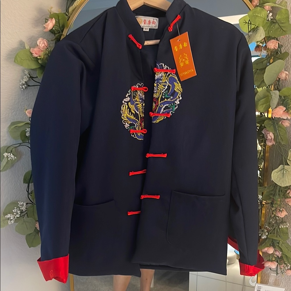 Kids Navy Blue Dragon Embroidered Puffer Jacket Chinese style